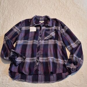 Beach Lunch Lounge women's XL rayon plaid button up long sleeve shirt NWT